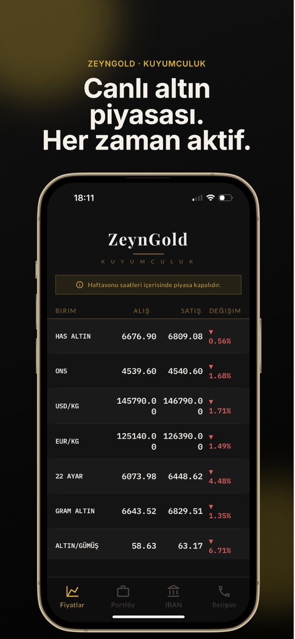 ZeynGold uygulamasında canlı altın fiyatları ekranı