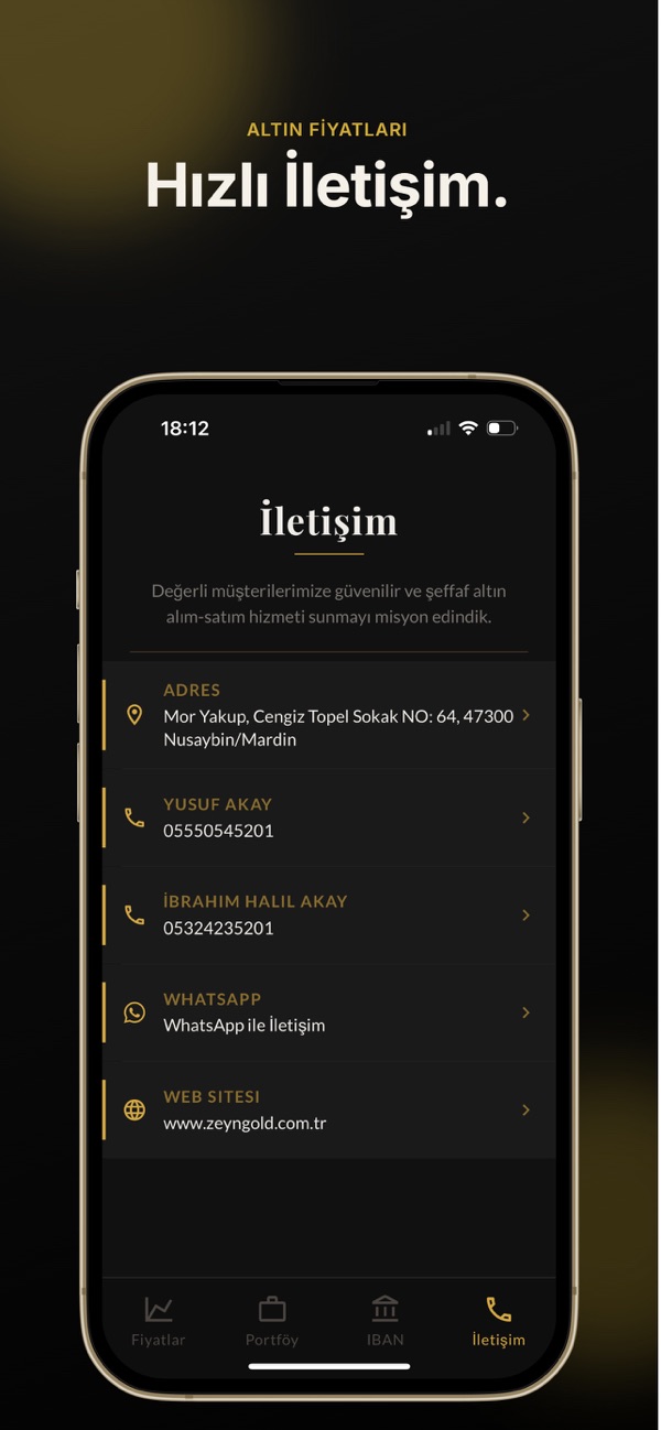 İletişim ekranı: adres, telefon, WhatsApp, web sitesi